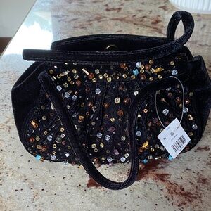 Elegant Black Velvet Clutch with Colorful Beads